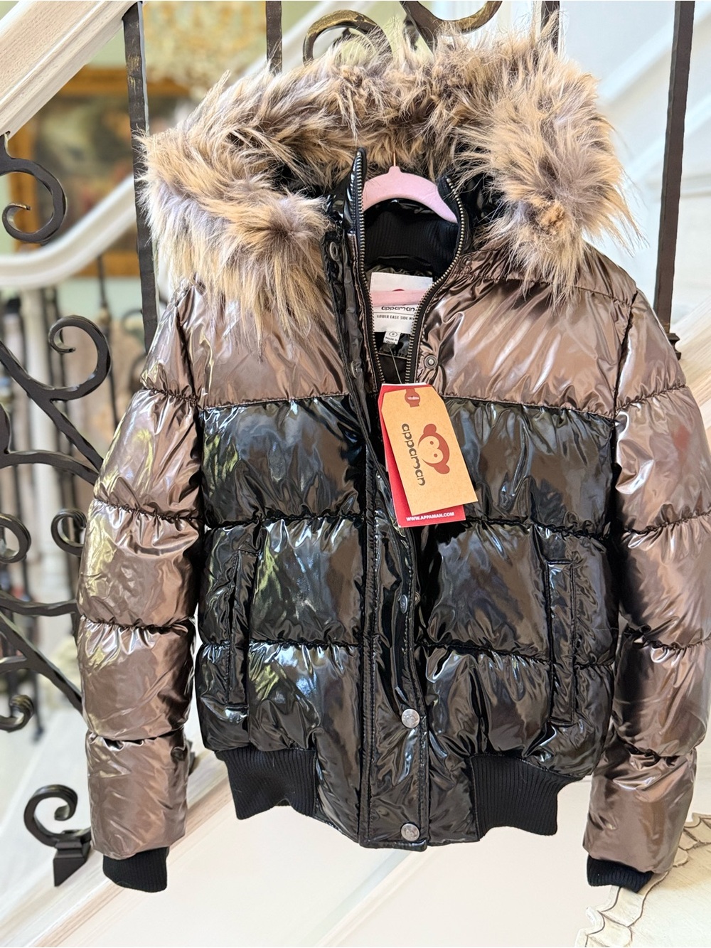 Appaman Girls Shiny Puffer Jacket in Black and Bronze with Faux Fur Trim